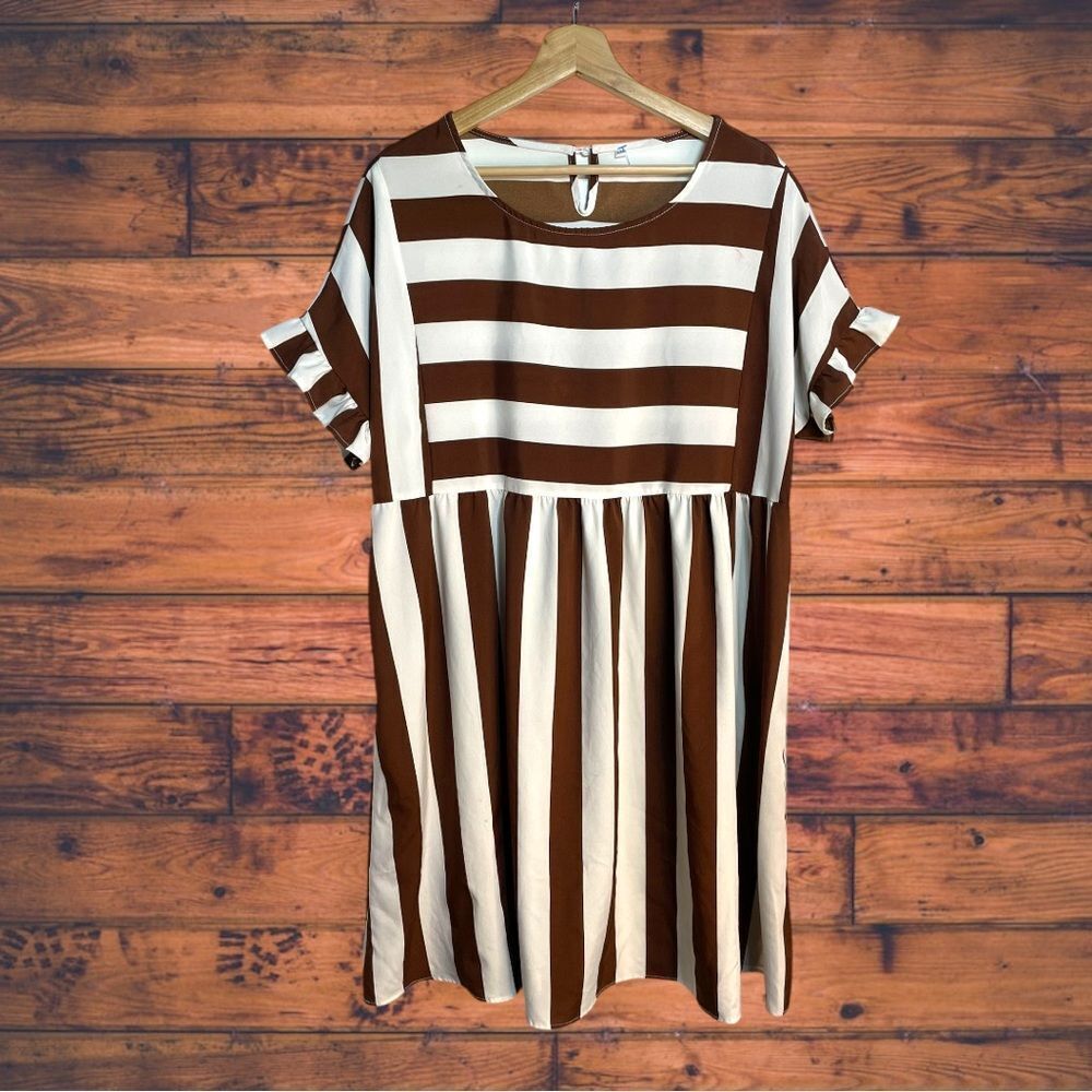 5 for $25🔥XXL Brown Striped Flutter Sleeve‎ A-Line Dress